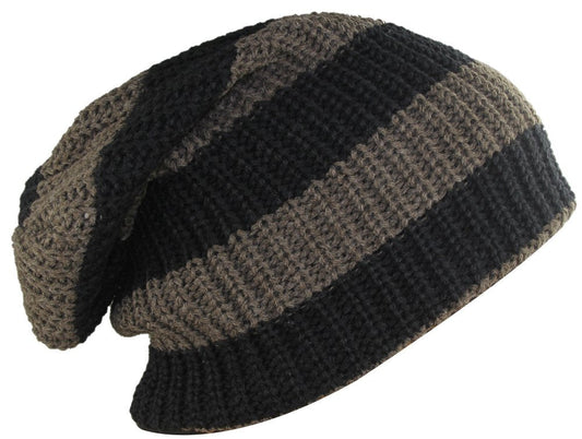 MINAKOLIFE Mens Striped Slouch Large Beanie Warm Skull Cap Hat Oversize (Black)