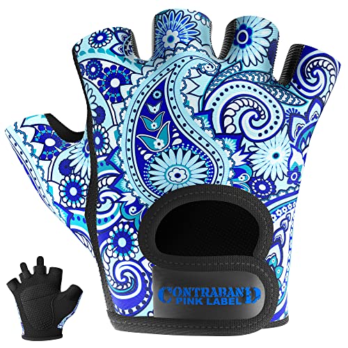 Contraband Pink Label 5387 Womens Design Series Paisley Print Lifting & Rowing Gloves (Pair) - Lightweight Vegan Medium Padded Microfiber Amara Leather w/Griplock Silicone (Blue, X-Small)