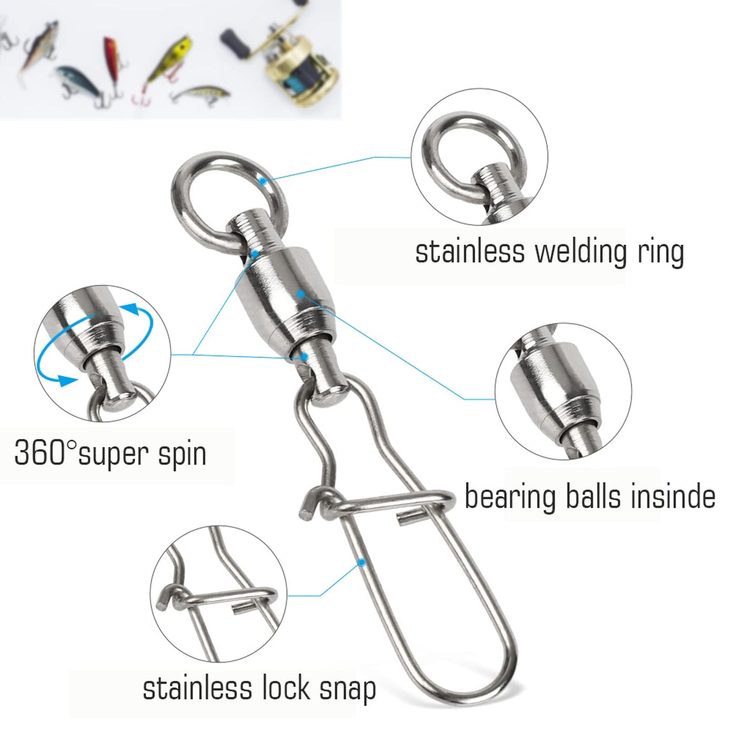 AMYSPORTS Duo Lock Snap Fishing Swivels Stainless Barrel Swivels Fishing Lure Snap Swivels Ball Bearing Swivels Fishing Tackle for Saltwater Fishing Freshwater Fishing 25pcs 66lbs