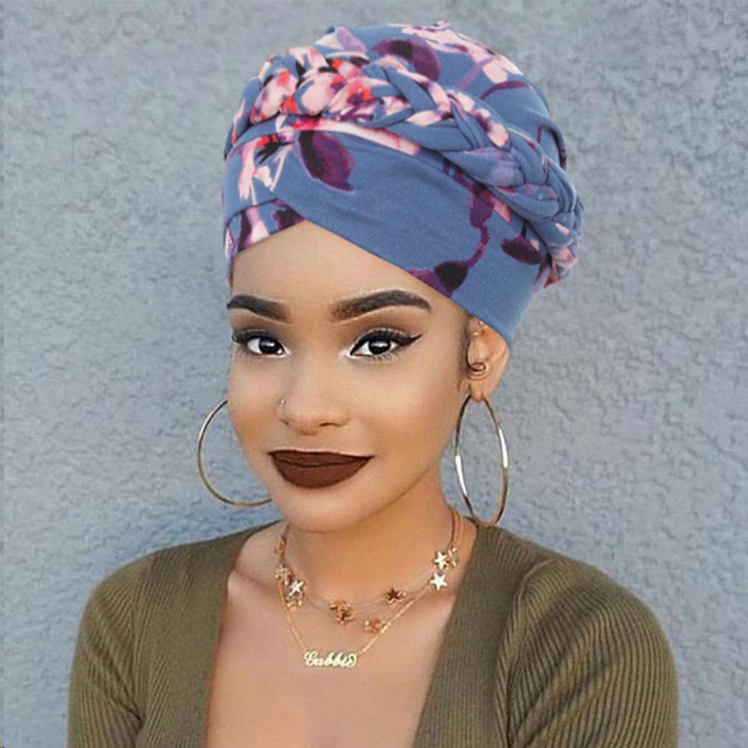 Woeoe African Turbans Blue Braid Stretch Headwear Print Pattern Head Scarf Pre-Tied Beanie Cap Head Wraps for Women and Girls(Pack of 2)