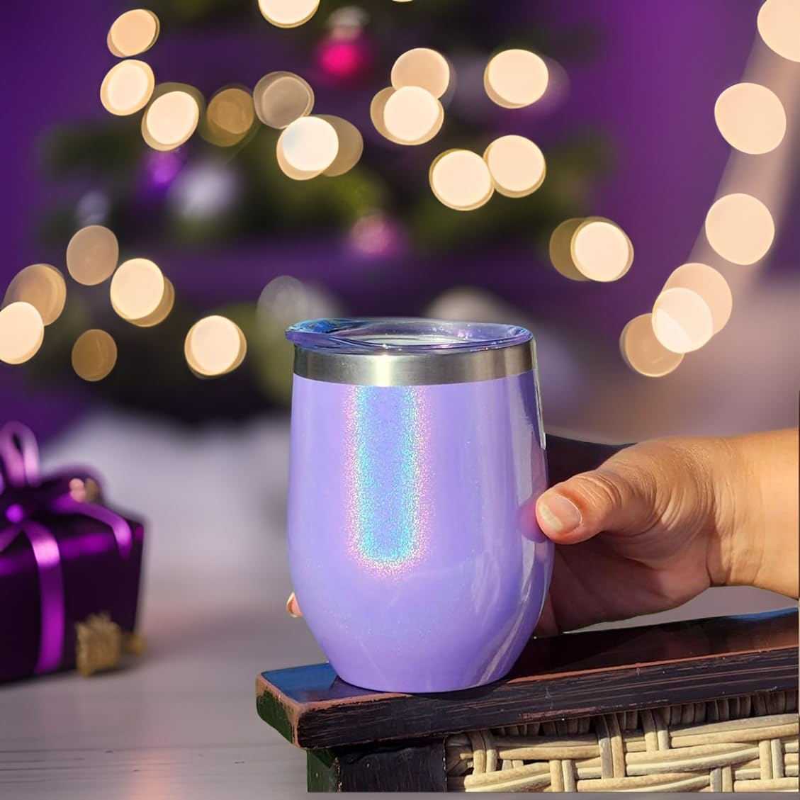CHILLOUT LIFE 12 oz Stainless Steel Tumbler with Lid - Wine Tumbler Double Wall Vacuum Insulated Travel Tumbler Cup for Coffee, Wine, Cocktails, Ice Cream - Purple Sparkle