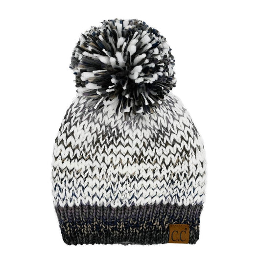 C.C Multi Color Yarn Beanie with Pom for Women Unisex - Acrylic Stretchable Soft Warm with Pom Knit Winter Skully Hat (Black/Grey Mix)