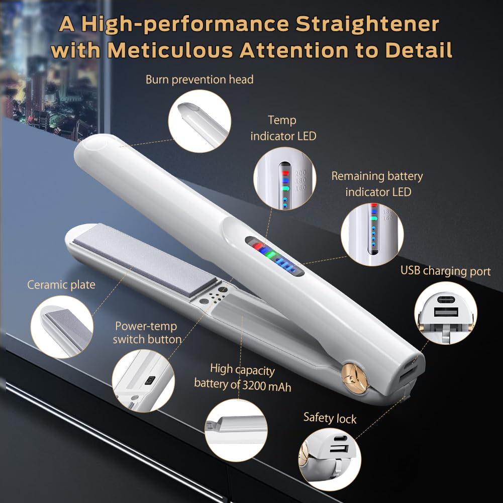 Cordless Hair Straightener and Curler 2 in 1 Ceramic Flat Iron Mini Cordless Portable Travel Hot Tools Straight Curl for Women Men USB Rechargeable with Pouch (White)