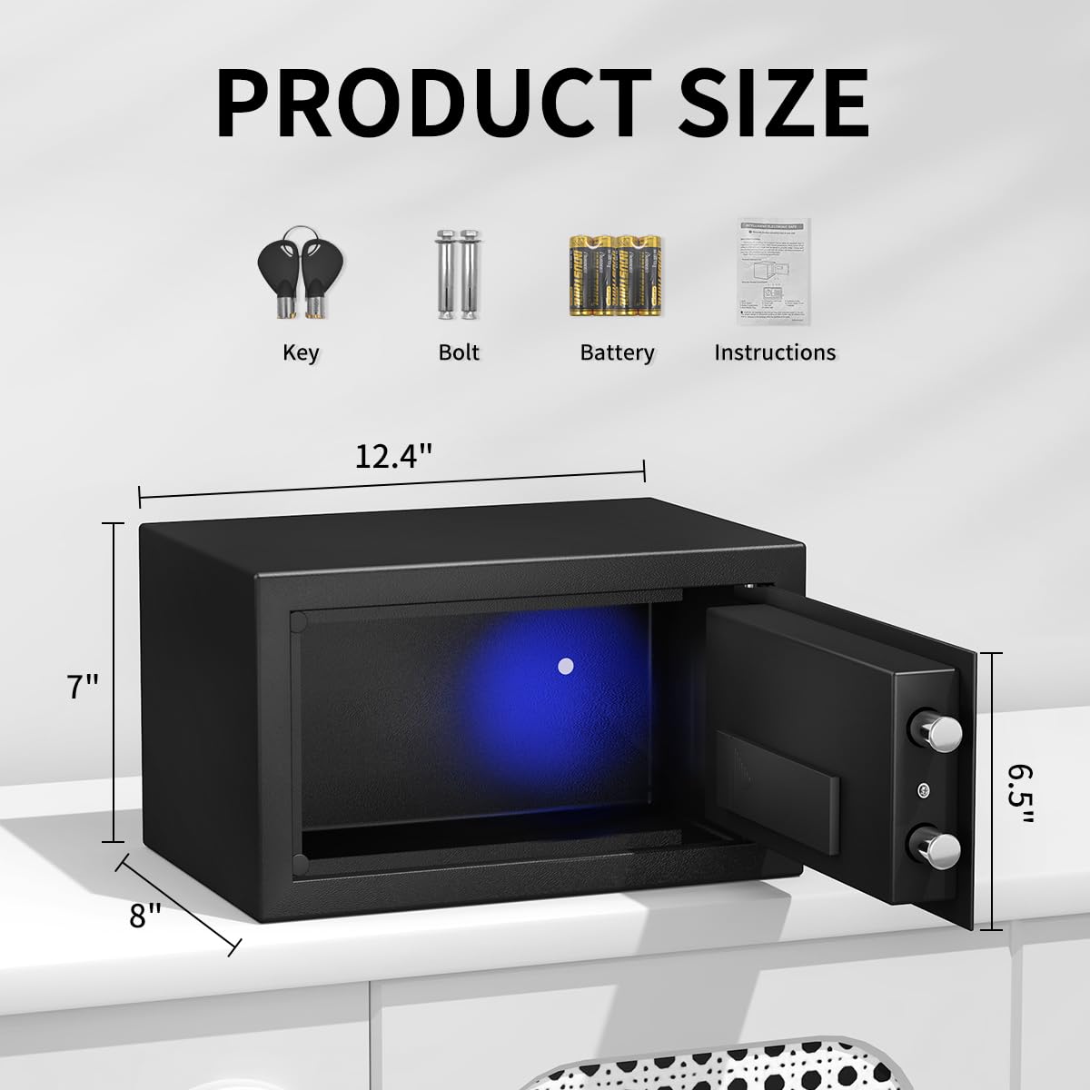 SamYerSafe Safe Box with Sensor Light,Security Lock Box， Steel Construction Hidden Electronic Safe with Lock，0.4 Cubic Feet ，Wall or Cabinet Anchoring Design for Home, Black