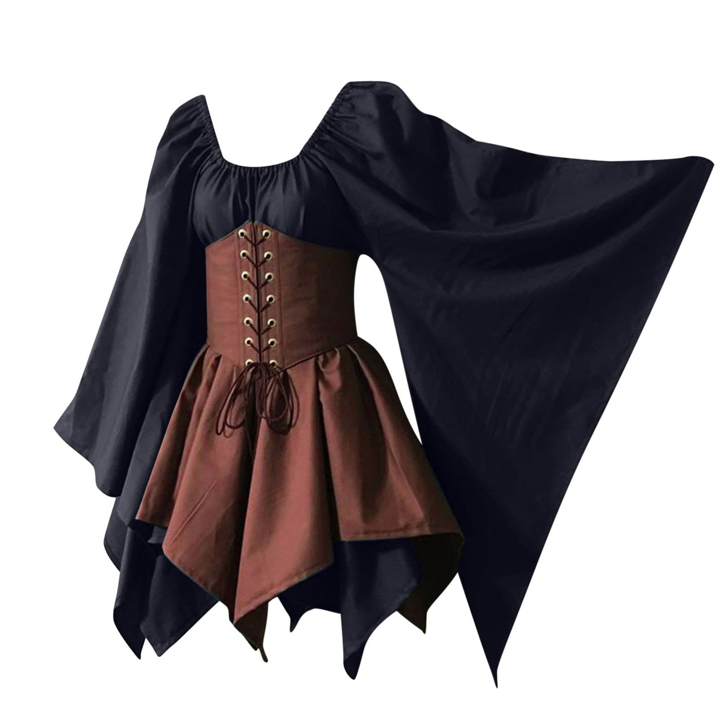KEGIRLOM Max Subscription for Prime Members Women's Medieval Renaissance Dress Costume Flare Sleeve Corset Skirt Overskirt Elven Archer Irish Over Gown 2pcs Set,Medieval Dress for Women Hooded