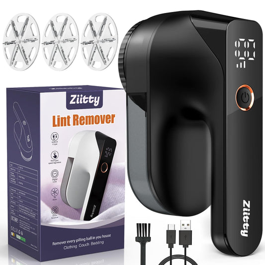 Fabric Shaver - Ziitty Lint Remover for Clothes, Sweater Defuzzer with LCD Display, 3-Speeds, 6-Blade, Type-C Rechargeable, Sweater Shaver to Remove Pilling Fuzz Lint Balls Pills for Clothes Furniture