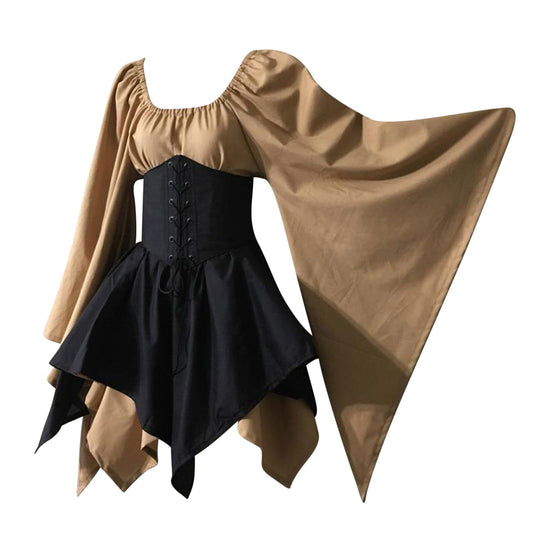 KEGIRLOM Delivery Tomorrow Items Prime Women's Medieval Renaissance Dress Costume Flare Sleeve Corset Skirt Overskirt Elven Archer Irish Over Gown 2pcs Set,1800S Dress for Women Costume Ball Gown