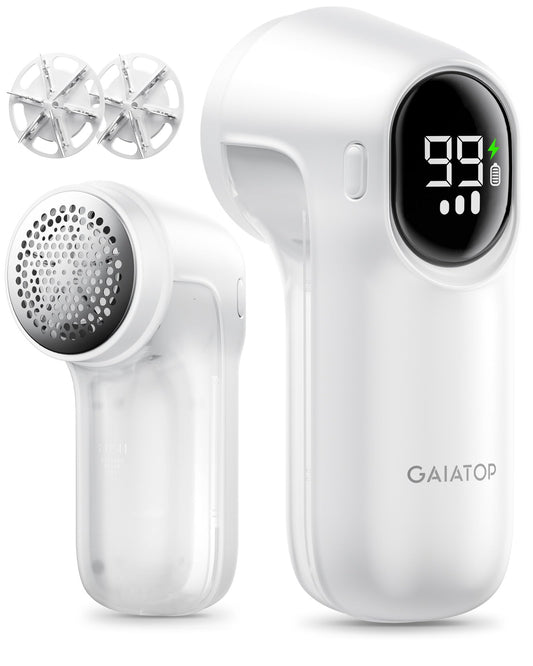 Gaiatop Rechargeable Fabric Shaver, 3-Speeds Electric Lint Remover Shaver with LED Display, 6 Leaf Blade, Sweater Depiller for Clothes, Furniture, Couch, Pills, Fuzz, Balls, White