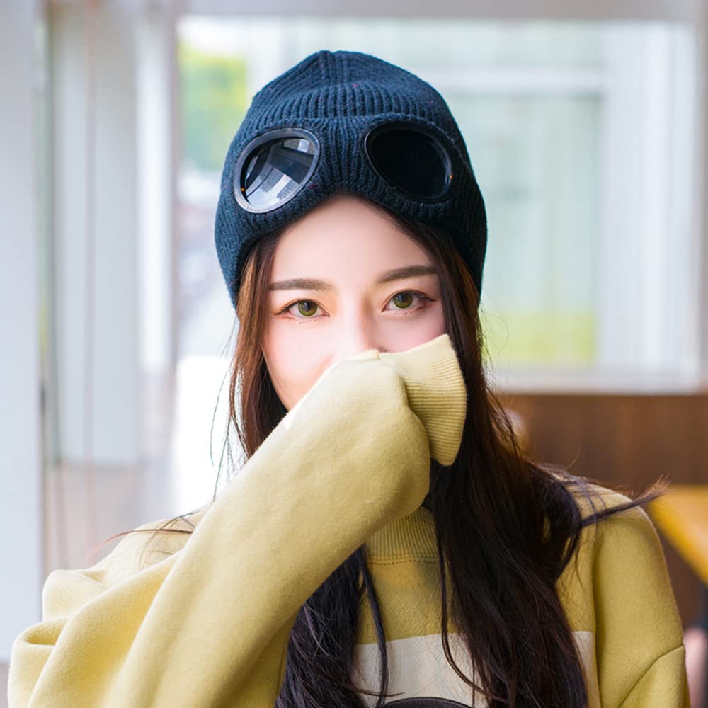 TecHong Unisex Knitted Goggles Beanie - Winter Stylish Skull Warm Cap, Outdoor Sports Fashion Fleece Lining Stretchy Hat Black