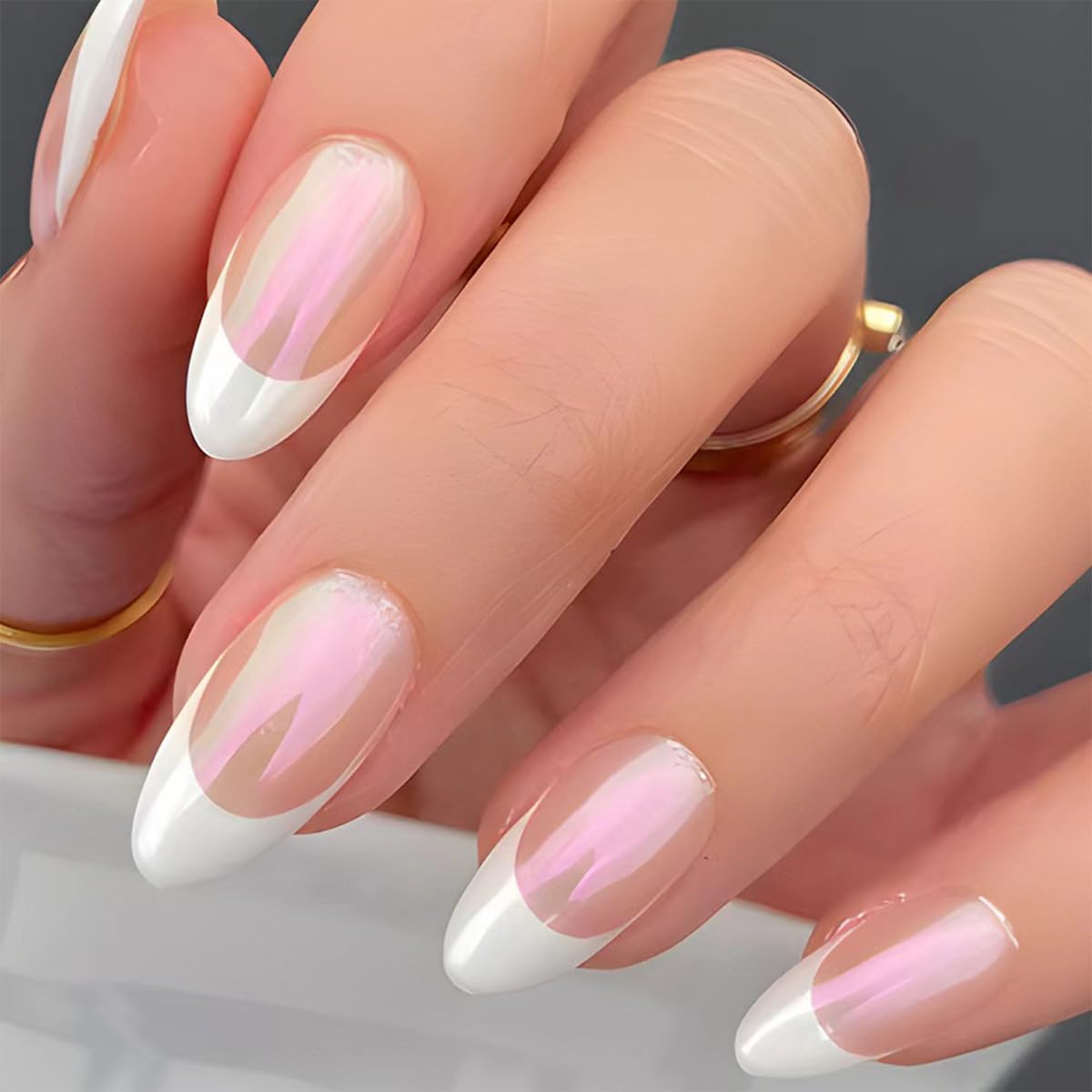 French Tip Press on Nails Mediun Almond Fake Nails Press ons Chrome False Nails with Designs Glossy Full Cover Acrylic Glue on Nails Cute Artificial Stick on Nails for Women Manicure Decoration 24Pcs