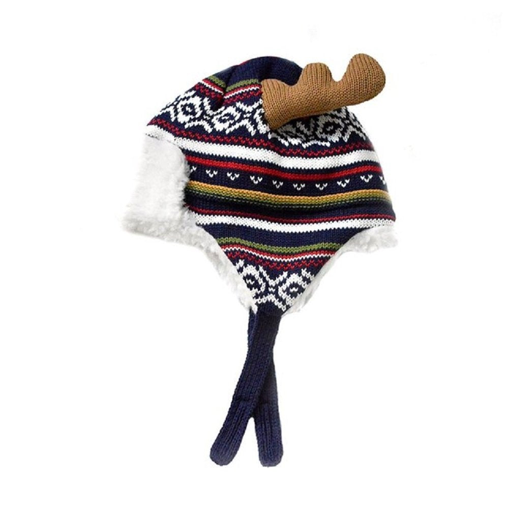 Home Prefer Baby Toddler Boys Winter Hats Warm Cotton Knitted Skull Caps with Earflaps Elk Horn Hat L 2-4T Blue