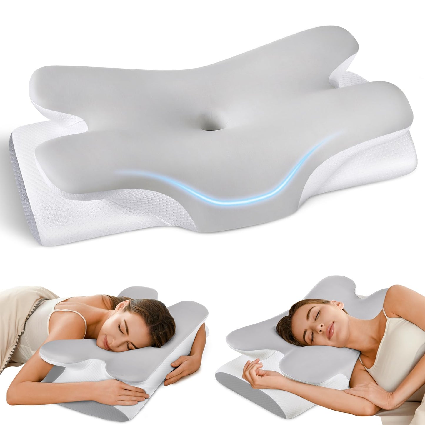 Tujami Cervical Neck Pillow for Neck Shoulder Pain Relief, Soft Contour Side Sleeper Pillow of 2 Heights, Odorless Cooling Memory Foam Orthopedic Bed Pillow for Back Stomach Sleeper