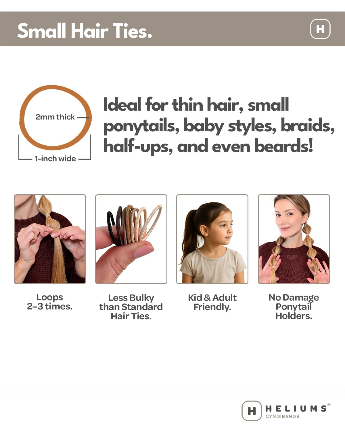Heliums Small Hair Ties - Brown - No Damage Mini 1 Inch Reusable 2mm Elastics for Thin Hair and Kids, Neutral Ponytail Holders - 48 Count