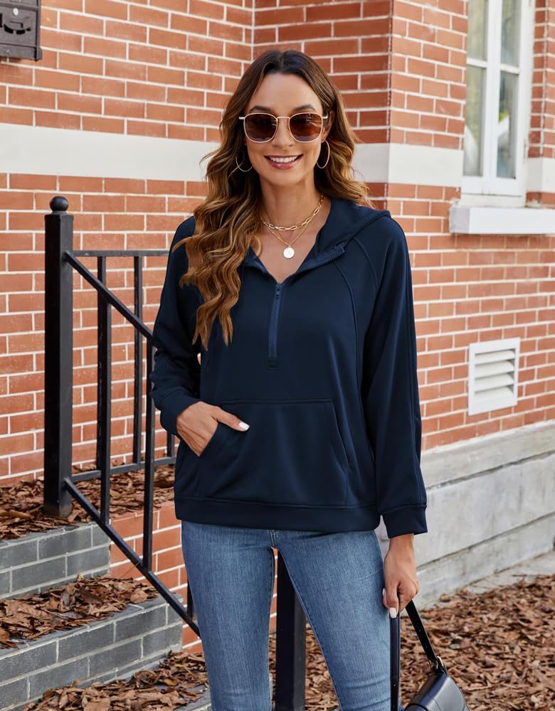 Nimsruc Half Zip Up Hoodies For Women Casual Sweatshirt Long Sleeve Quarter Zip Pullover Dark Blue XL