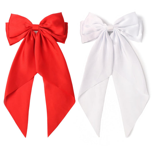 SUSULU Large Hair Bow Clips for Women Red Hair Bow White Hair Bow Slides for Girls Satin Hair Barrettes with Long Ribbon Tail,Wedding Birthday Women Hair Accessories Pack of 2