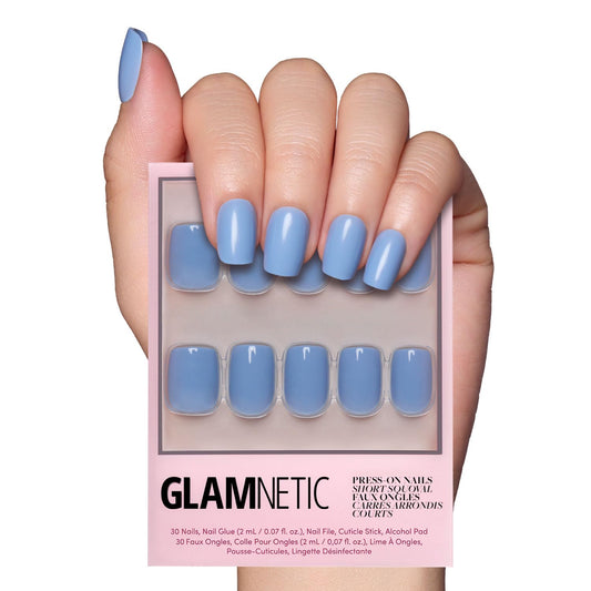 Glamnetic Press On Nails - Cashmere Blue | Opaque Soft Pale Blue Short Squoval False Nails, Reusable Stick On Fake Nails with Glue | Salon Quality | 15 Sizes - 30 Nail Kit