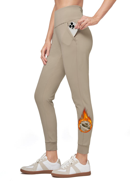 Willit Women's Fleece Lined Jogger Pants Zipper Pockets Water Resistant Winter Hiking Sweatpants Thermal Running High Waisted Khaki XXL