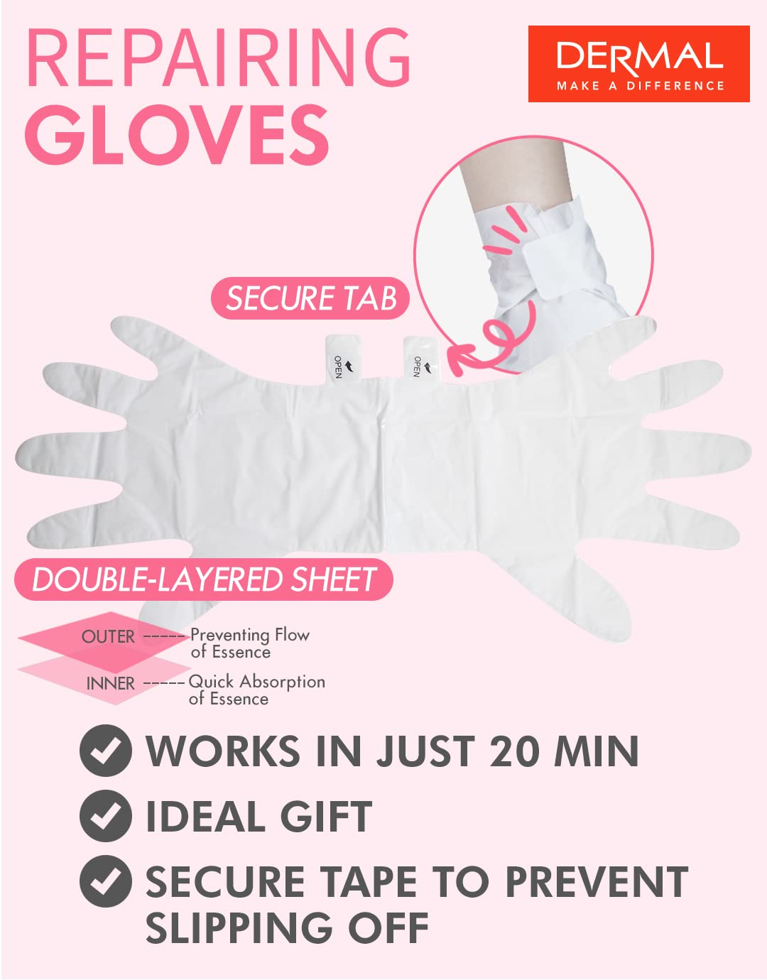 DERMAL Moistfull Silky Hand Mask Gloves 3 Pairs for Dry Hands - Intensive Repairing with Collagen and Shea Butter - Nourishing & Moisturizing Renew Hand Mask - Refreshing Peach Scent