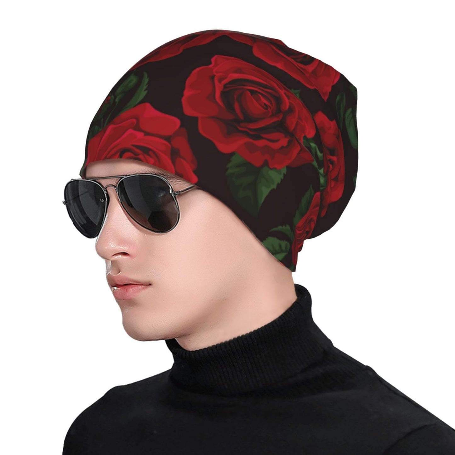 Red Rose Trendy Floral Beanie Hat Slouchy Cap Warm Cancer Headwear Stretch Knitted Hats for Women Men