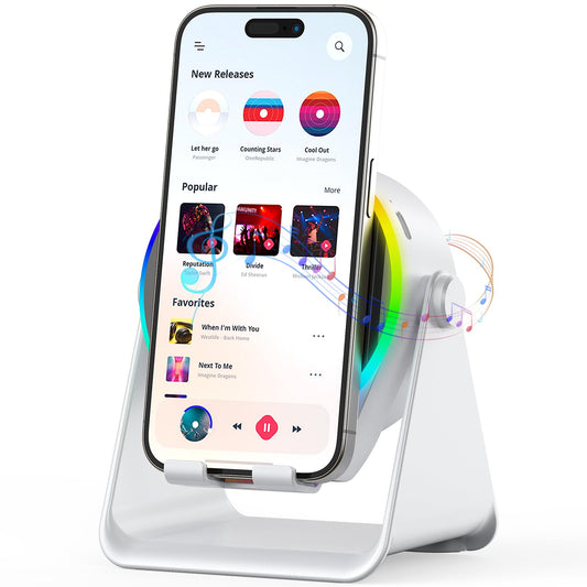 Wireless Induction Speaker, 4 in 1 Bluetooth Speaker Phone Stand with RGB Light, 360° Rotation Phone Holder Compatible with iPhone Android iPad Samsung Galaxy, Birthday Gift for Men Women