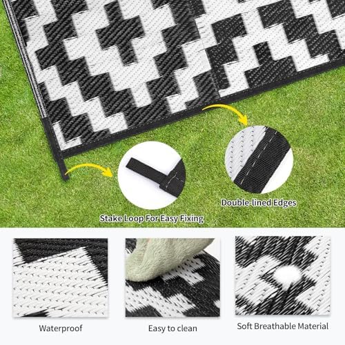 Outdoor Patio Plastic Straw Rug - 4'x6' Outdoor Camping Rug Waterproof Reversible, Area Carpet Patios Clearance RV, Outside Porch Balcony Deck for Camper, Black & White