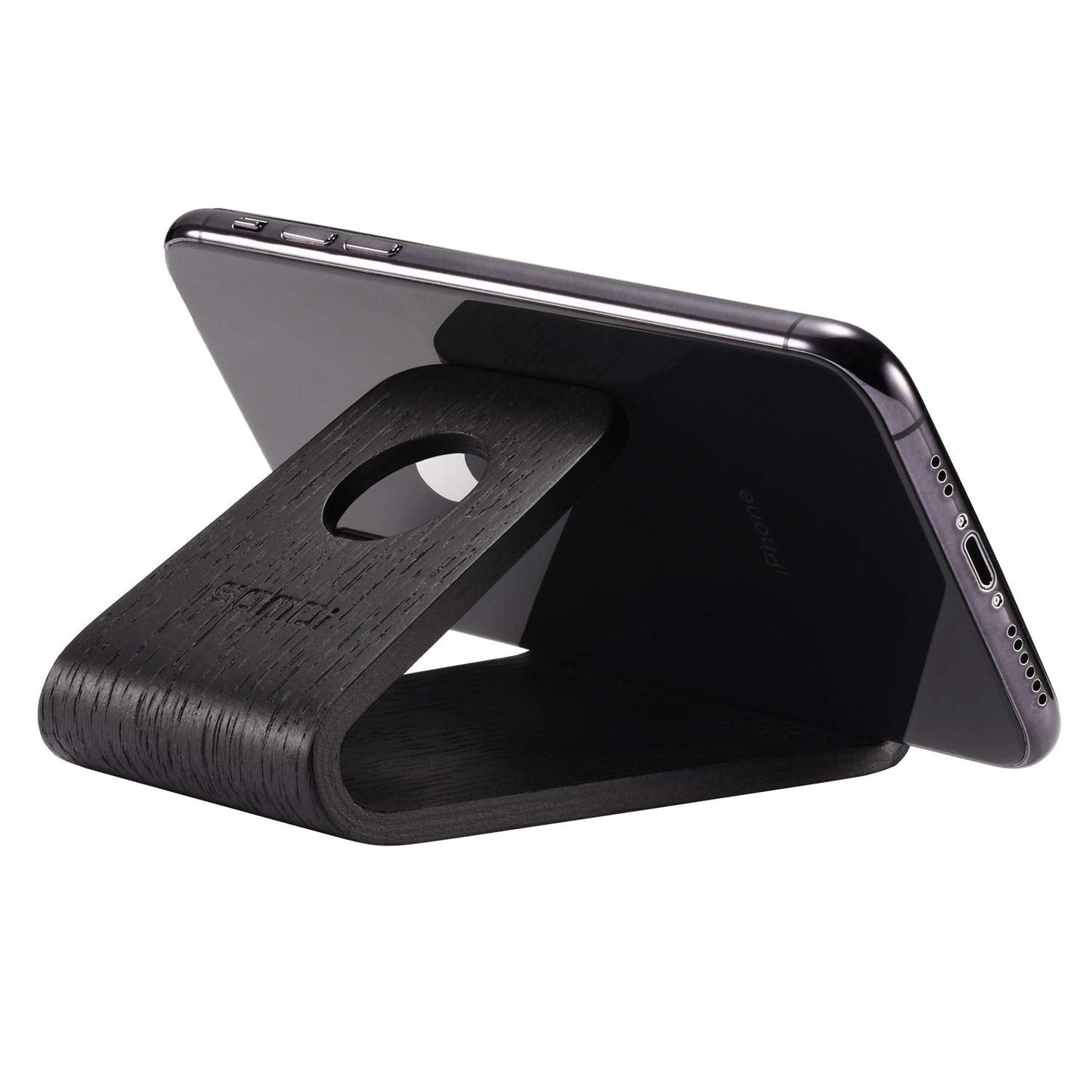 SAMDI Wood Cell Phone Stand for Desk, Fixed Desktop Phone Holder Compatible with iPhone 13 12 11 Plus X XR, LG, Huawei, XiaoMi, Samsung Galaxy S5 S7 S6 and All Phones (Oak Wood Black)