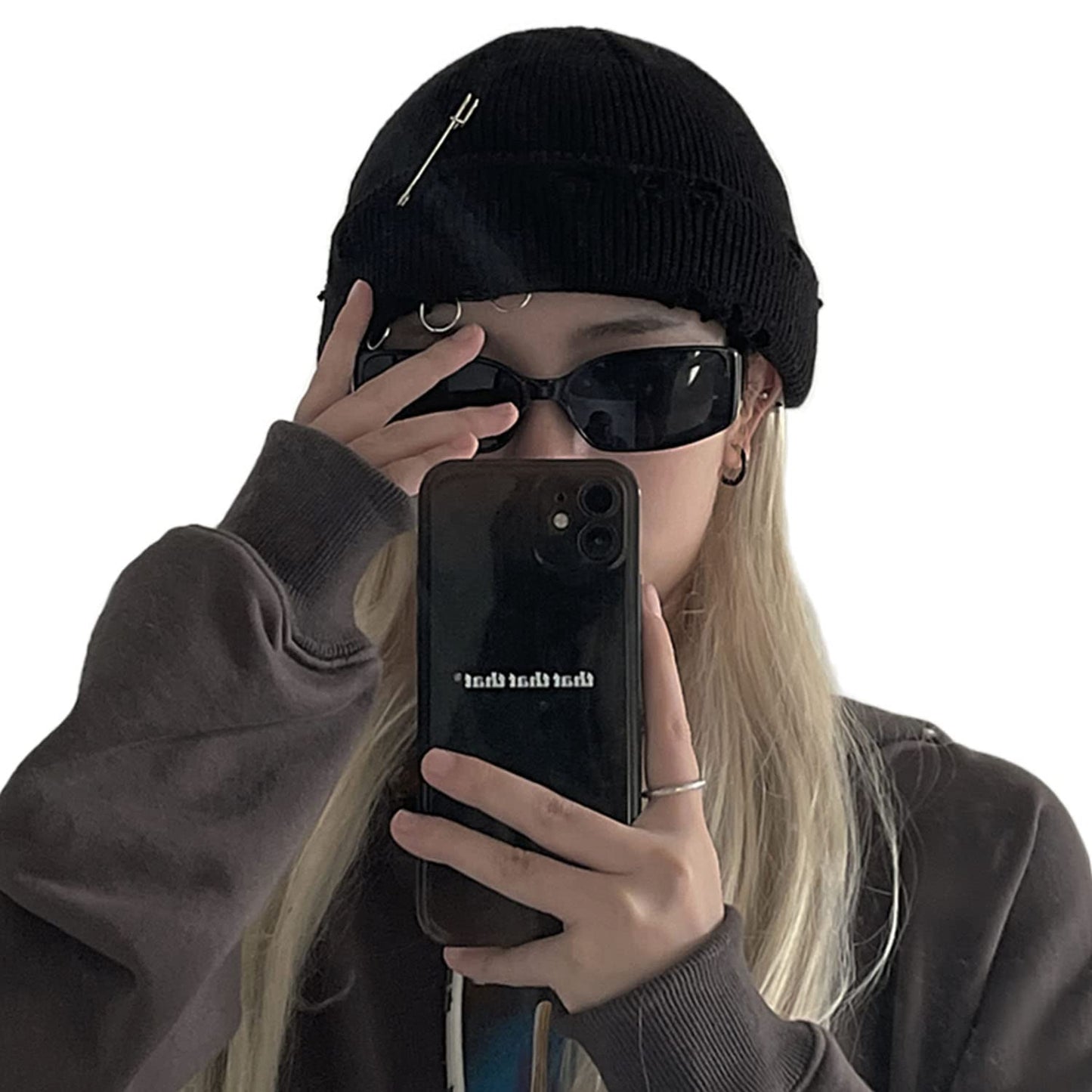 Gothic Beanie Winter Knit Hats Trendy Metal Rings Pin Hip Hop Streetwear Harajuku Y2k Skull Cap Emo Scene Grunge Accessories (Black,One Size)