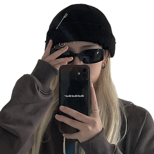 Gothic Beanie Winter Knit Hats Trendy Metal Rings Pin Hip Hop Streetwear Harajuku Y2k Skull Cap Emo Scene Grunge Accessories (Black,One Size)