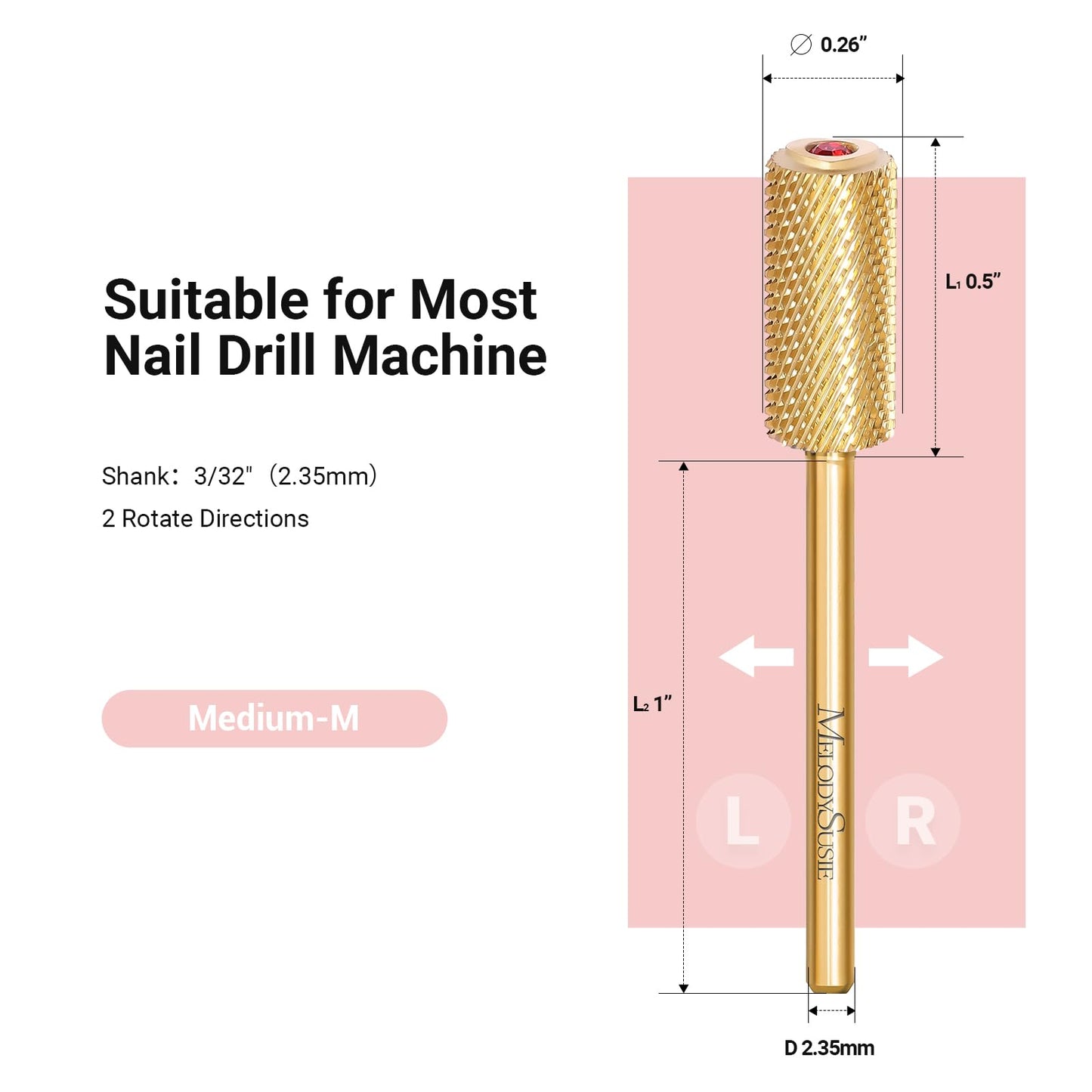 MelodySusie Crystal Top Red Heart Shape Nail Drill Bits, 3/32'' Large Barrel Carbide Bits, Suitable for Manicure Pedicure Cuticle Gel Polishing, Beginners Bits, Gold, Series Bit-S, Medium