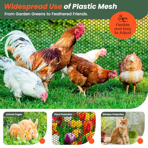 16IN x 50FT Plastic Chicken Wire Mesh, Chicken Wire for Floral Arrangements, Chicken Wire Mesh for Crafts with 100 Pcs Zip Ties, Mesh Fence for Dogs, Deers, Poultry