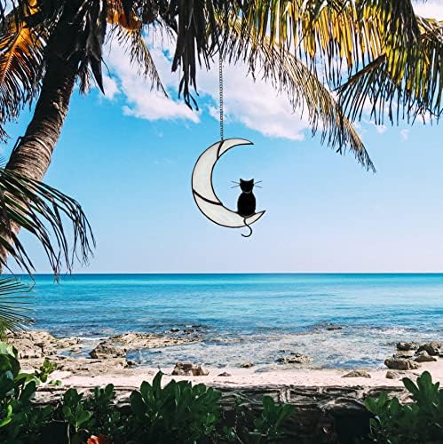 Black Cat Decor On White Moon Stained Glass Window Hanging Suncatcher for Windows Panels Sun Catcher Halloween Ornament Decoration Memorial Gift for Lover Cat Loss