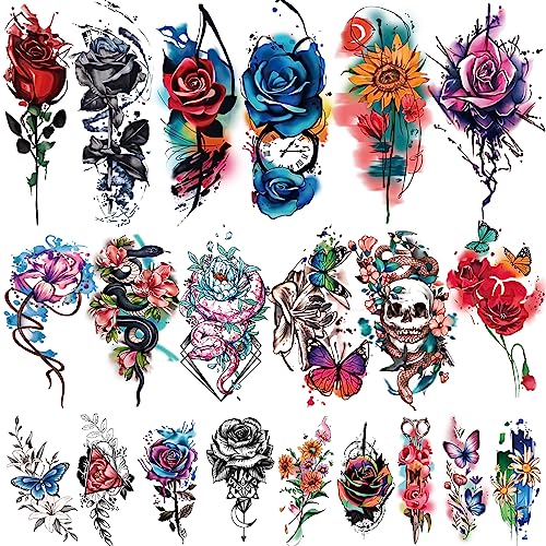 77 Sheets Temporary Tattoo, 17 Sheets Half Arm Flower Rose Skull Butterfly Snake Fake Tattoos for Adults, 60 Sheets Tiny Waterproof Temporary Tattoos Body Art Sticker Realistic for Women Girls or Kids