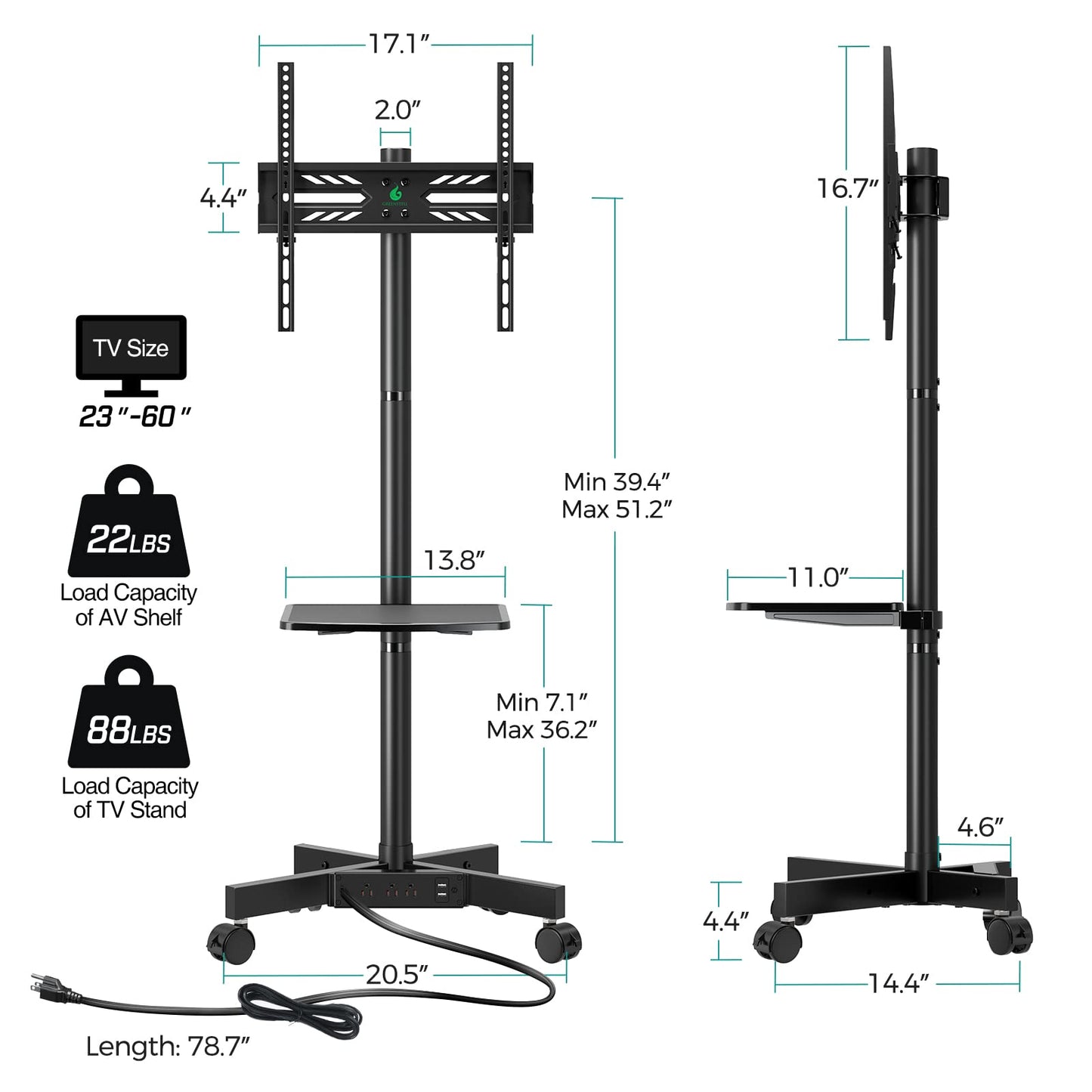 GREENSTELL TV Stand with Power Outlet, Mobile TV Cart on Wheels for 23-60 inch LED LCD Flat Curved Panel Screen TVs, up to 88 lbs, Height Adjustable Rolling TV Stand with AV Shelf, Max VESA 400x400mm