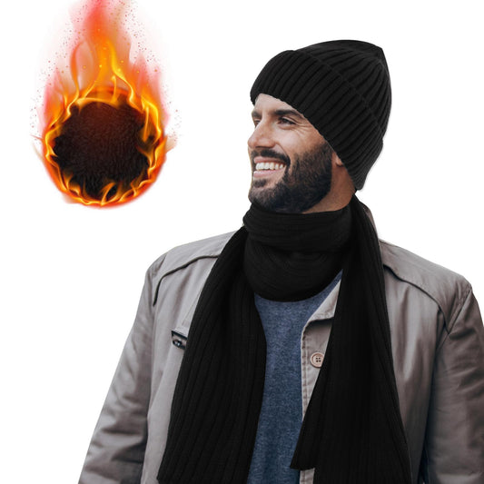 Mens Winter Warm Beanie Hat Long Neck Scarf Set Comfortable Soft Lined Knit Beanies Caps for Women Men One Size Fits Most Black
