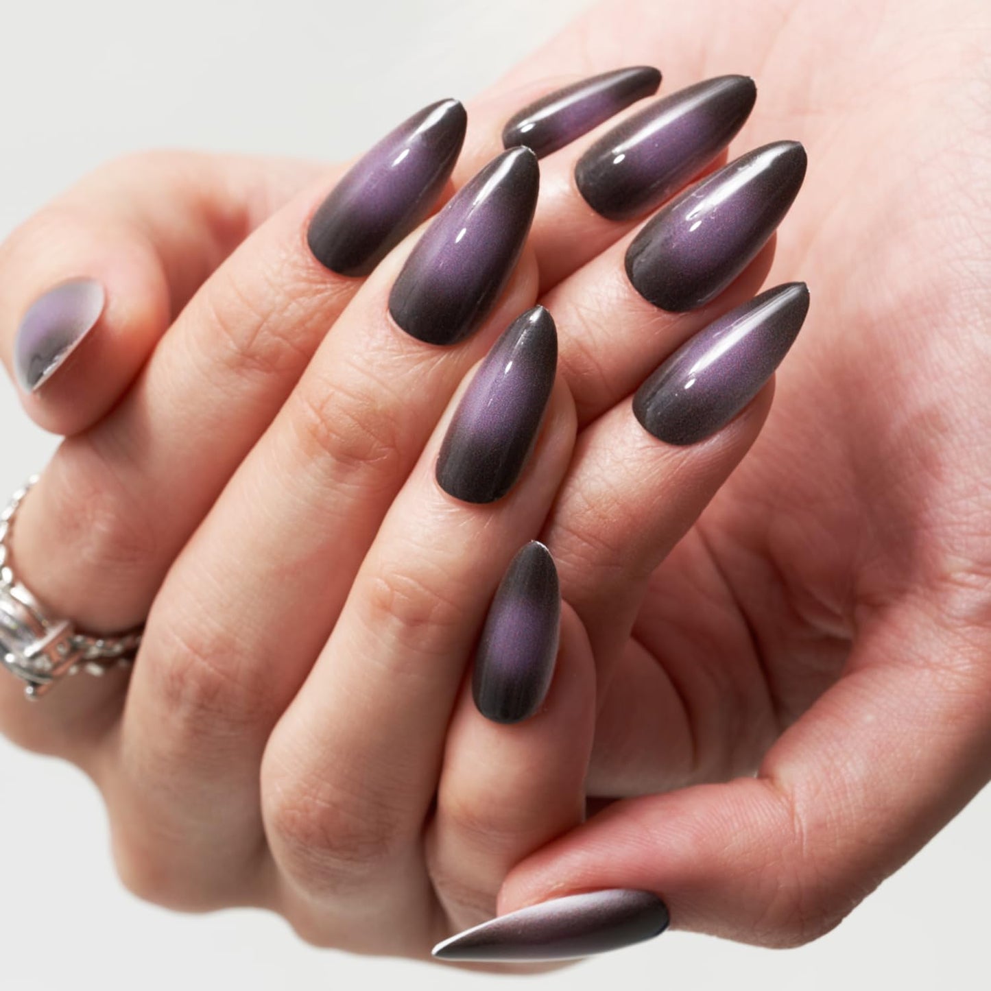 GLAMERMAID Black Pink Ombre Press on Nails Medium Almond, Purple Aurora Fake Crush Nails, Stiletto Fake Nails, Short Oval Stick Glue on Nails Tips for Women, Reusable Acrylic False Nail Kits