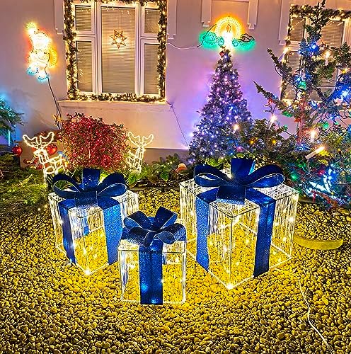 Christmas Decorations, Purtuemy Set of 3 Christmas Lighted Gift Boxes 140 LED Light up Xmas Present Ornament for Tree Indoor Outdoor Yard Holiday Door, Christmas Lights,Warm White, UL Plug