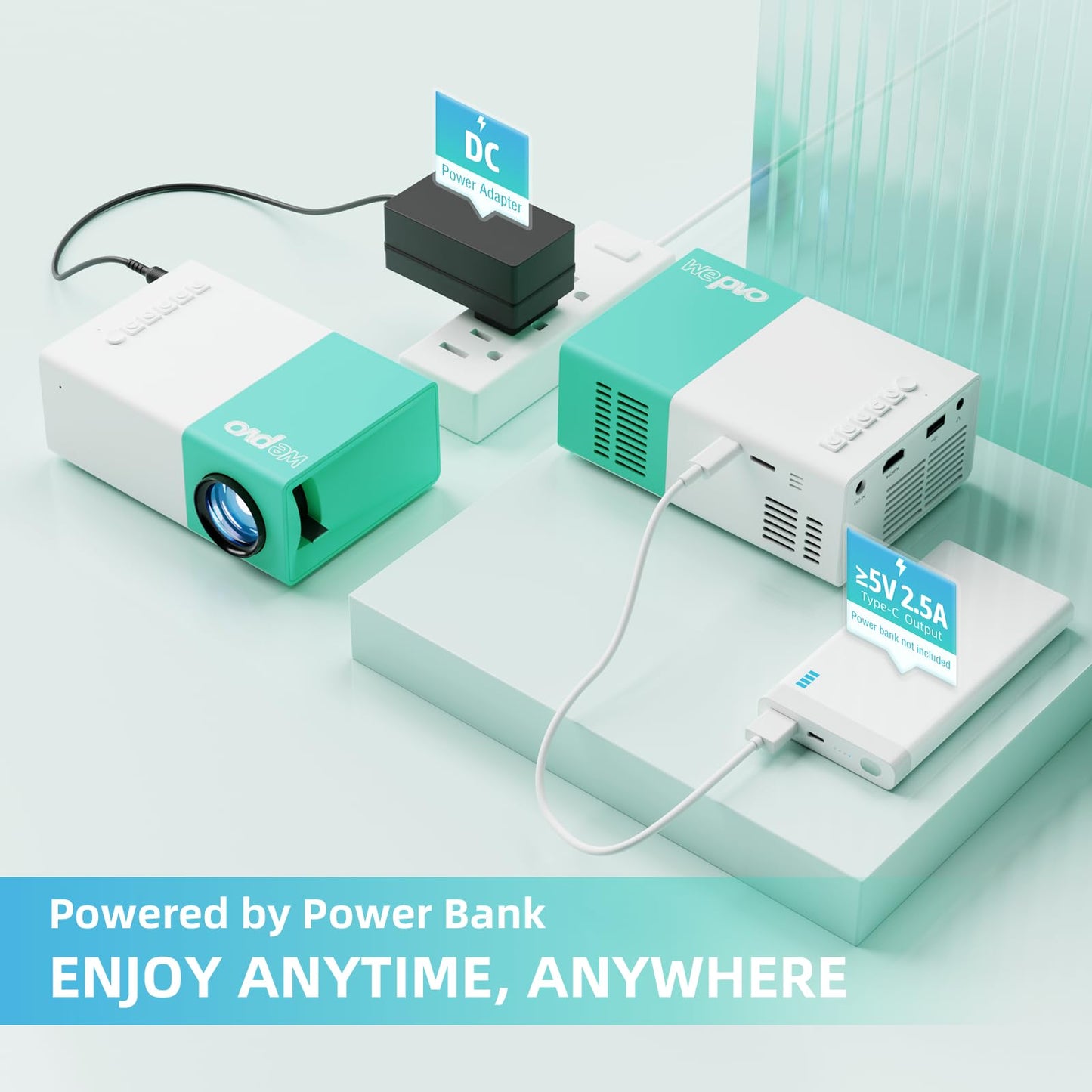 wepvo Projector Mini Portable Outdoor Movie Projectors, LED Pico Video Projector for Home Theater Film Projectors, Compatible with Smartphone/ Tablet/ Laptop/ TV Stick/ PS/ USB