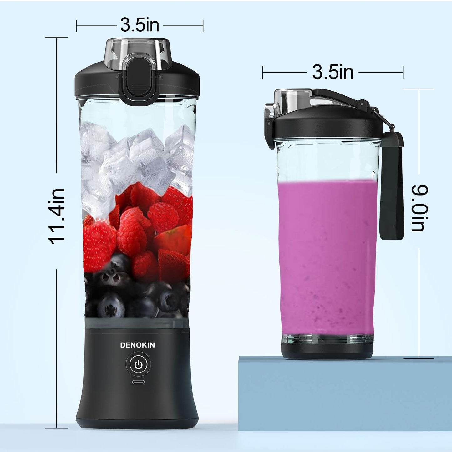 DENOKIN Portable Blender 20oz Vessel, Cordless Personal Size Blender for Shakes and Smoothies with 6 Blade Small Blender for Kitchen, Home, Travel
