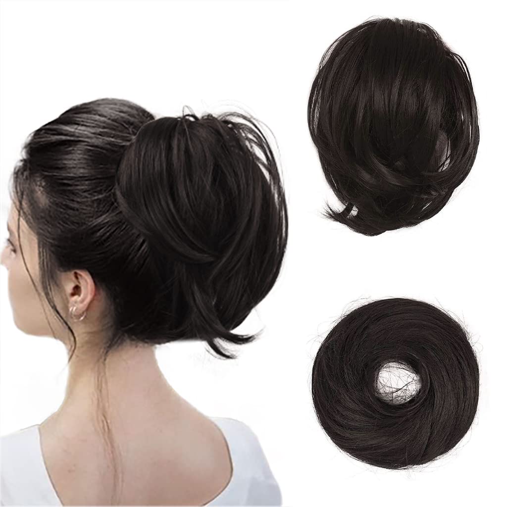 BARSDAR Brown Hair Bun Extensions -Short Straight Ponytail Hair Bun Extensions for Women, Synthetic Messy Hair Bun Extensions Elastic Hair Bun Scrunchies Hairpieces Daily - Dark Brown
