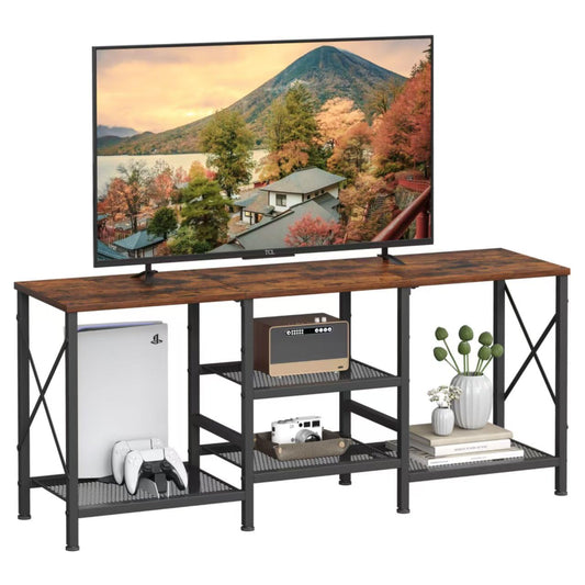 JARHETUN TV Stand for 55 Inch TV, Entertainment Center with 3-Tier Open Shelves, TV Console Table for Living Room, Bedroom, Rustic Brown