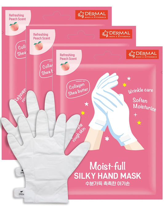 DERMAL Moistfull Silky Hand Mask Gloves 3 Pairs for Dry Hands - Intensive Repairing with Collagen and Shea Butter - Nourishing & Moisturizing Renew Hand Mask - Refreshing Peach Scent