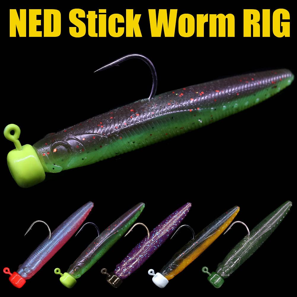 Ned-Rig-Kit-Finesse-Baits-Soft-Plastic-Worms-Fising-Lure for Bass Stick Swimbait Minnow Crawfish Lures Shroom Ned Jig Head Kit(35-Piece 2.75'' #02 Stick Worms Ned Rig Kit)