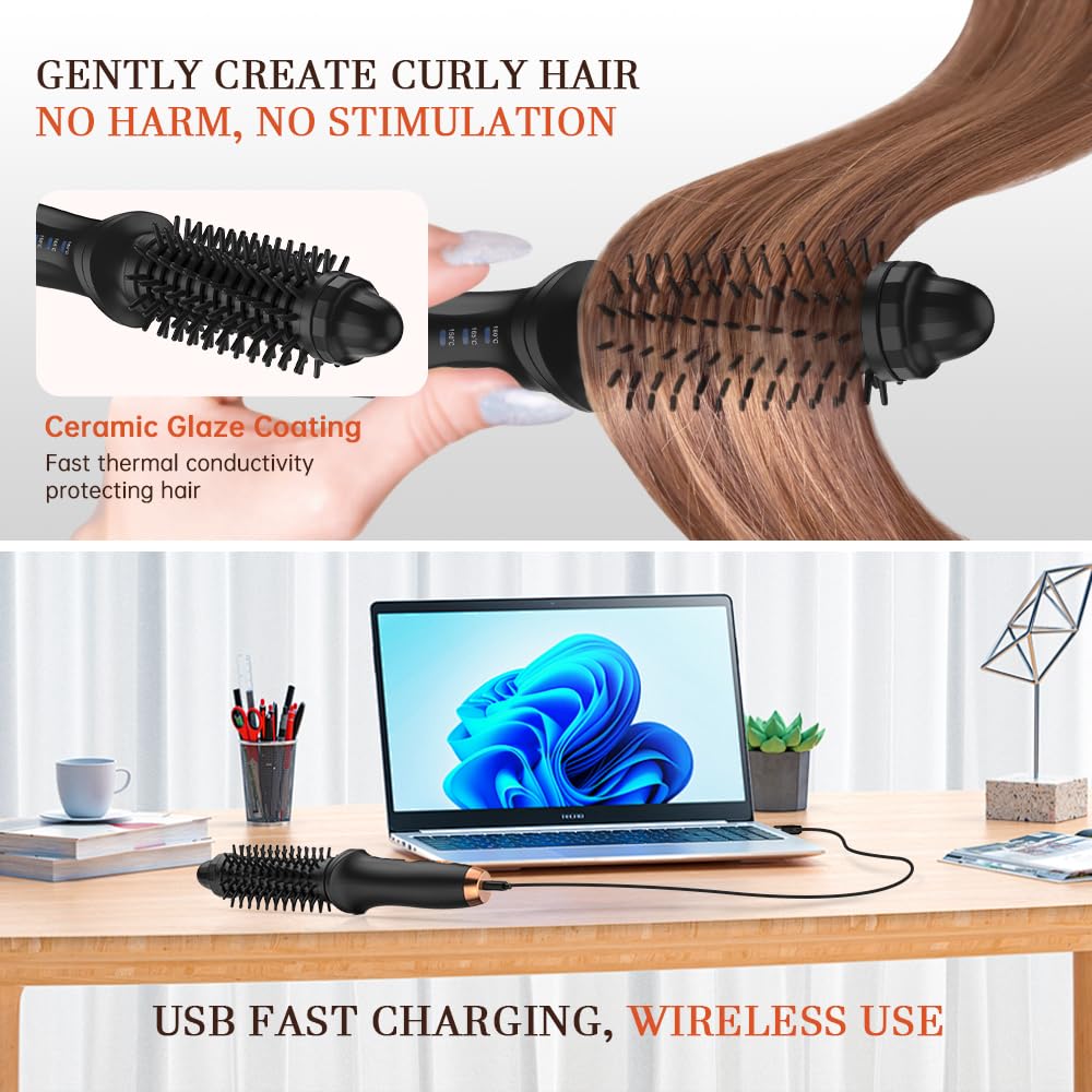 Curling Brush,Cordless Rechargeable Hair Curling Brush,Anti-Scald Heated Round Wand 4000mAh,for Short Hair and Long Hair,Up to 180°C,Heated Styling Straightener for Travel(Black)