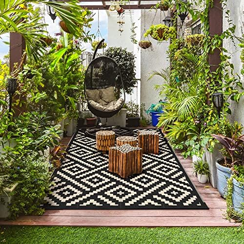 GENIMO 5x8 Outdoor Rug Waterproof, Reversible Mats, Area Rug, Plastic Outside Carpet, Geometric Rv Mat for Patio Camping Rv Picnic Backyard Deck Balcony Porch Beach Trailer (Black & Beige)