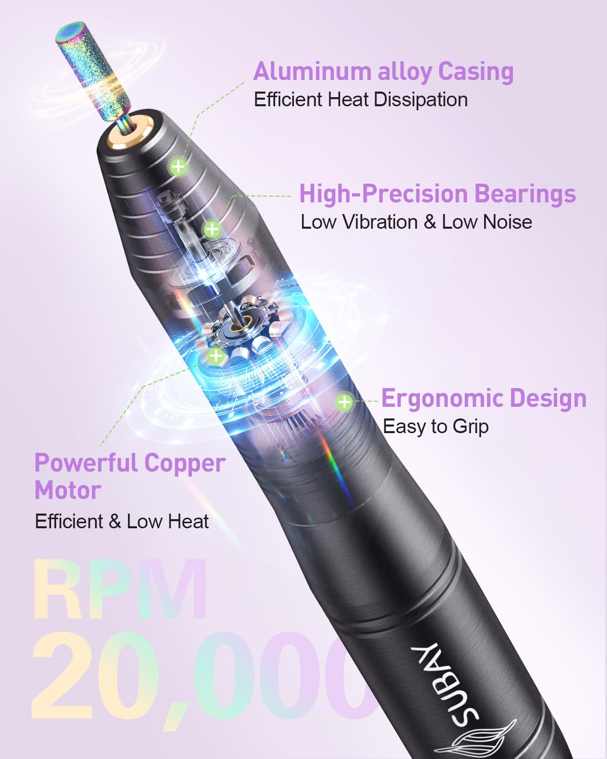 Subay Acrylic Nail Drill, Electric Nail File for Acrylic Gel Nails, Portable USB Nail Drill Machine with 6 Nail Drill Bits and 26 Sanding Bands for Nail Technicians Manicure Pedicure - Black