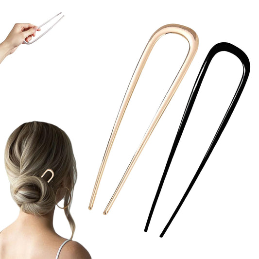 French Hair Pin, U-shaped Hair Pins for French Twist Hair, Hair Pins for Women, Vintage French Hair Sticks Fork for Thick Hair Buns Chignons, Gold U-Shaped Hair Sticks For Women (Gold+Black)