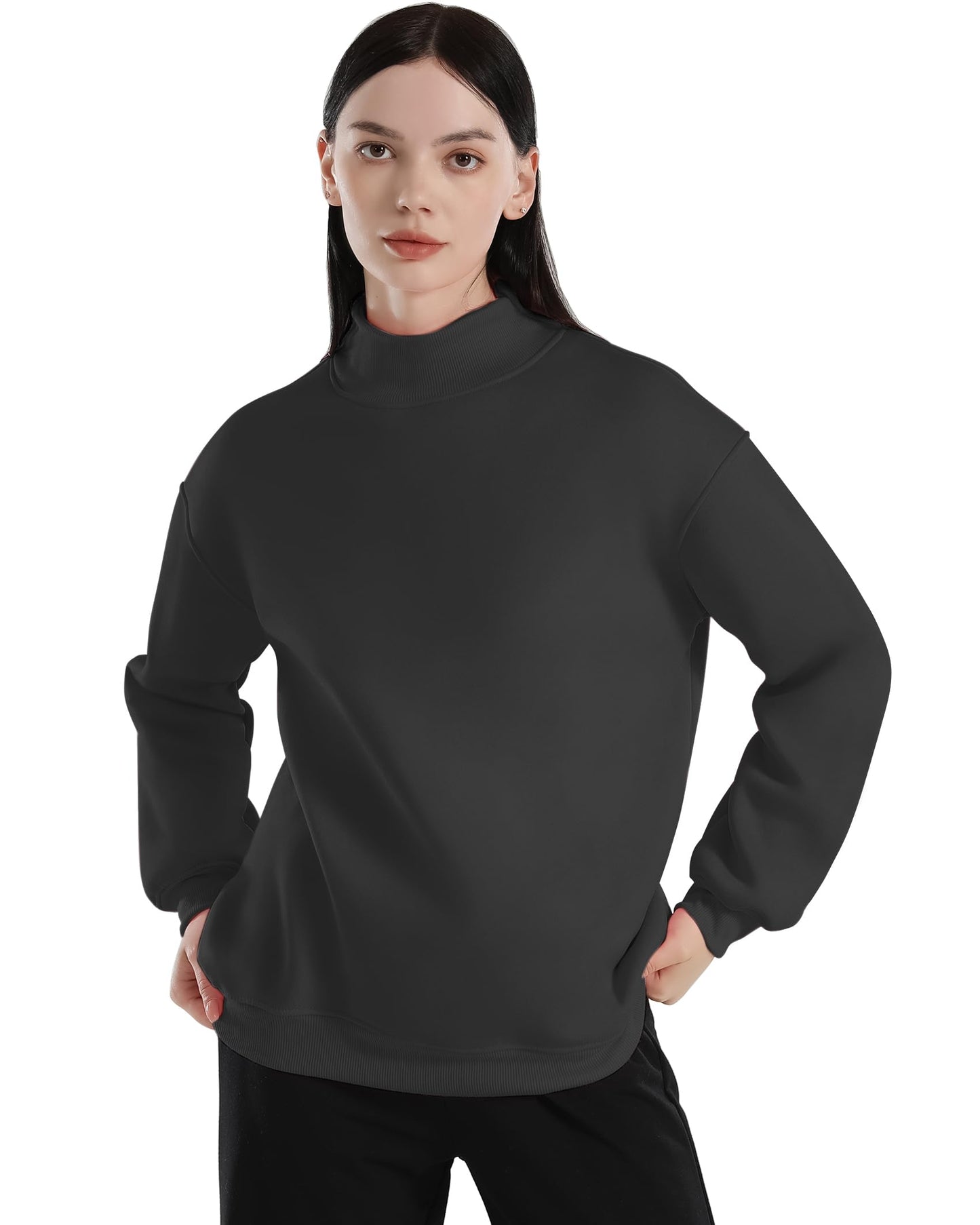 Jomiolo Long Sleeve Cute Hoodies Winter Clothes For Women Tops Womens Oversized Crew Neck Sweatshirt Turtleneck Pullover-Black-L