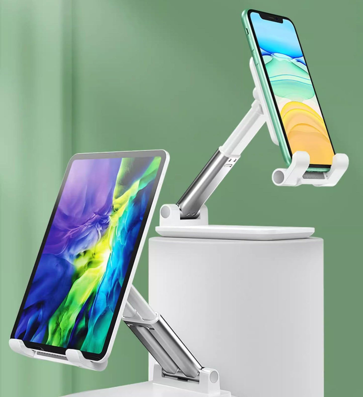 Adjustable Phone and Tablet Stand with Silicon Pad, Portable Foldable Design, Cell Phone Stand for Desk Fully Forldable Mobile Phone Holder Compatible with All Mobile Phones (White)