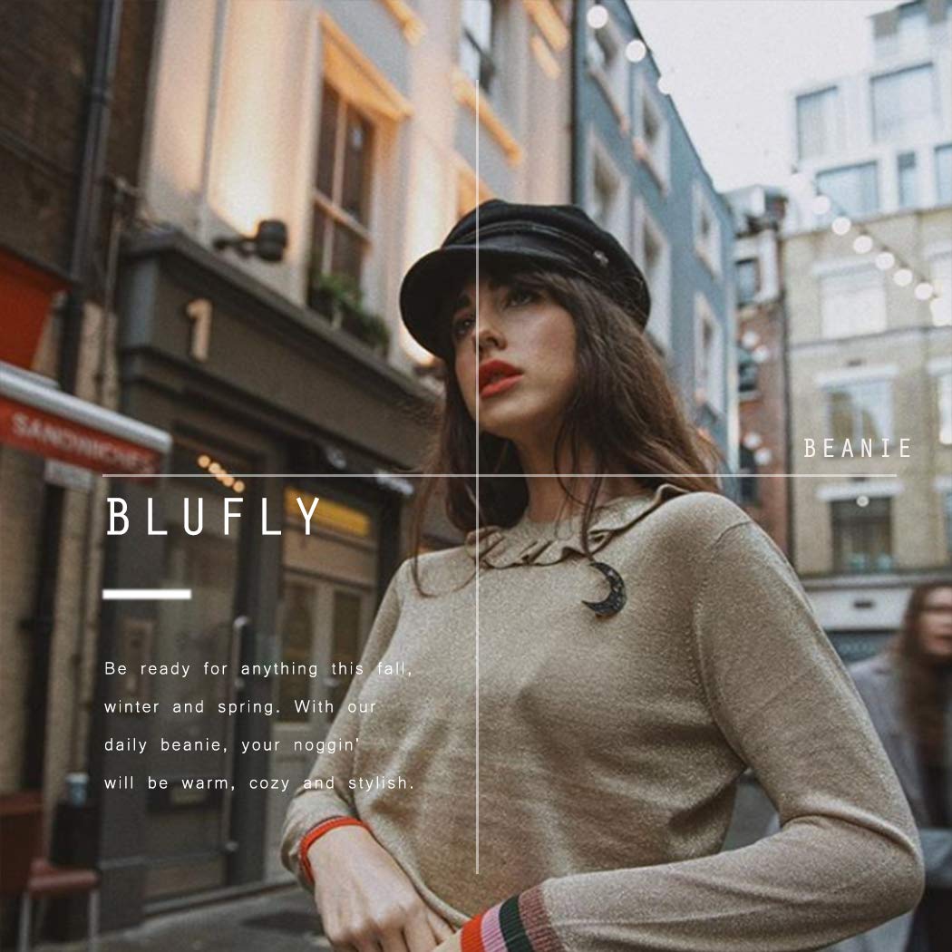 Blufly Winter Hats Cable Knitted Beanie Hat with Visor Beret Ribbed Ski Beanie Cap Slouchy Skull Hat Cap Headwear for Women and Girls (Black)