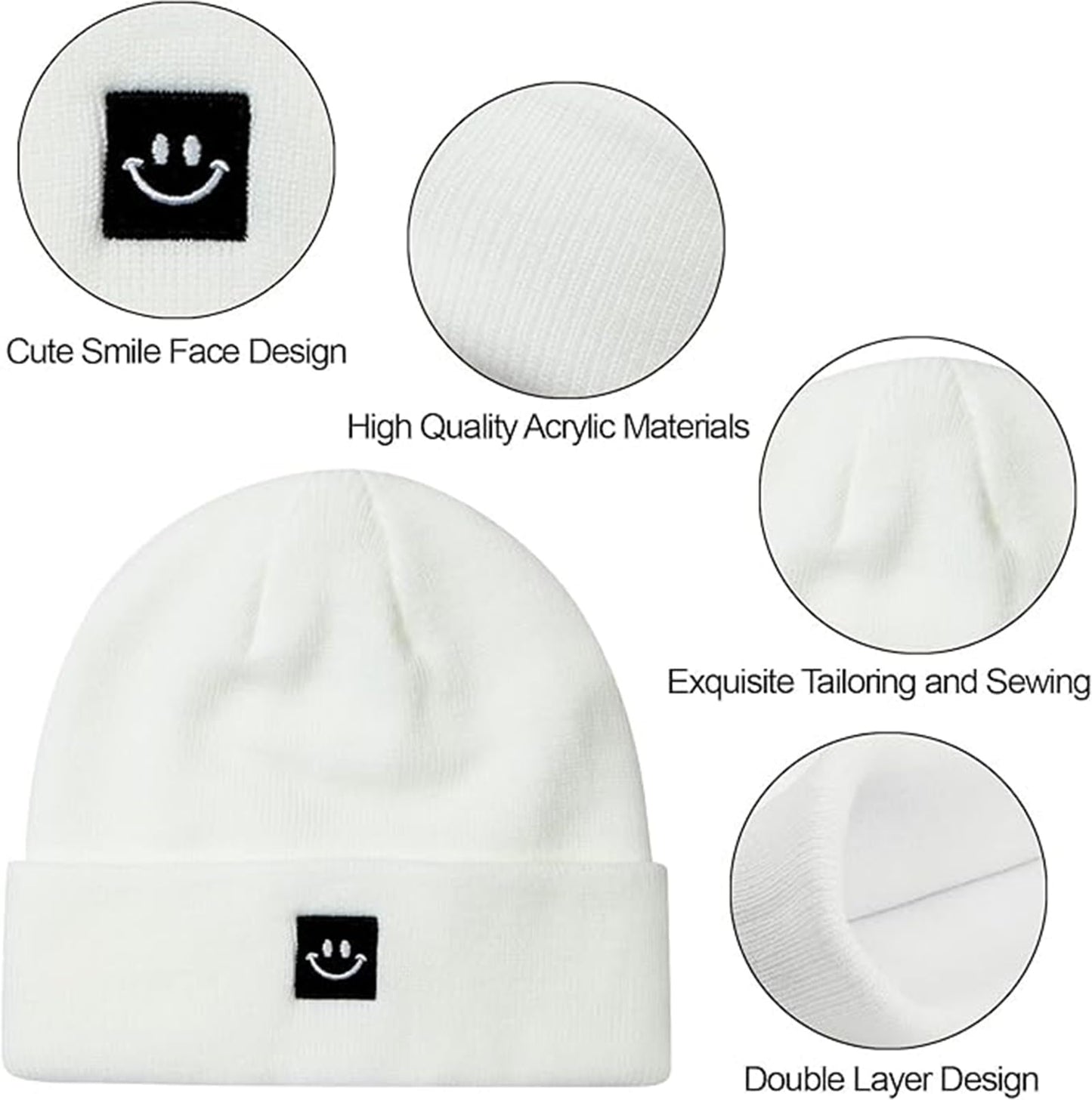 Asufegucd 2Pack Winter Beanie Hats for Couples, Women Men Winter Hats with Smiley Face,Warm Cute Beanies Cap for Cold Weather (US, Alpha, One Size, Black White)